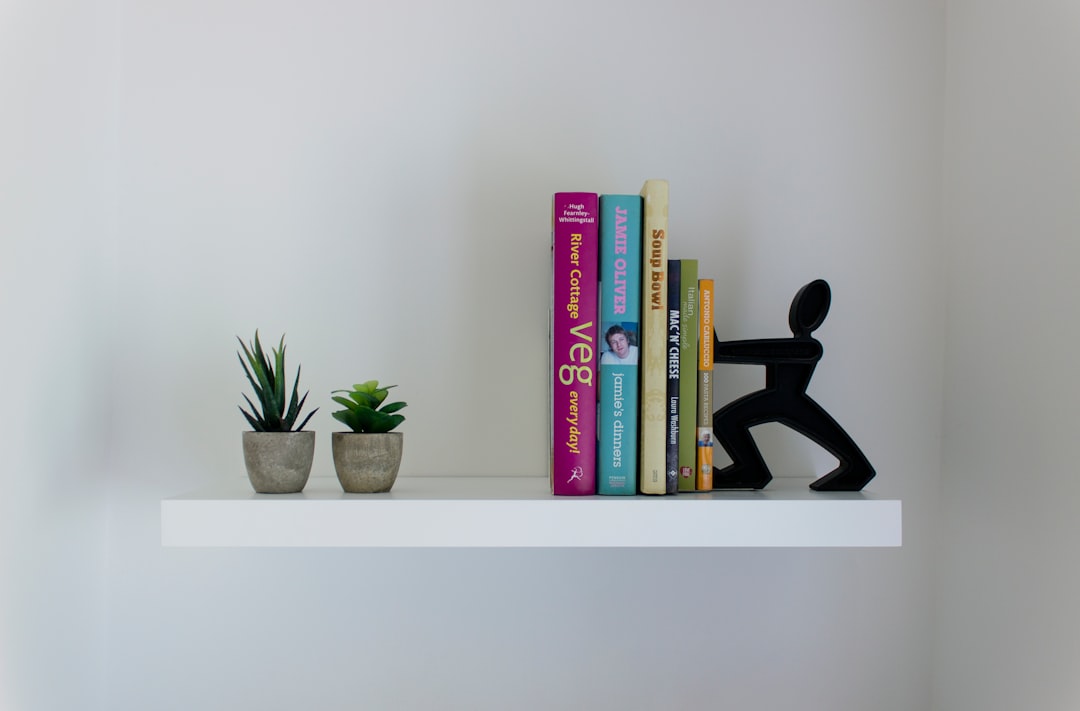 A beautifully styled shelf featuring simple decor pieces like books, plants, and decorative objects.